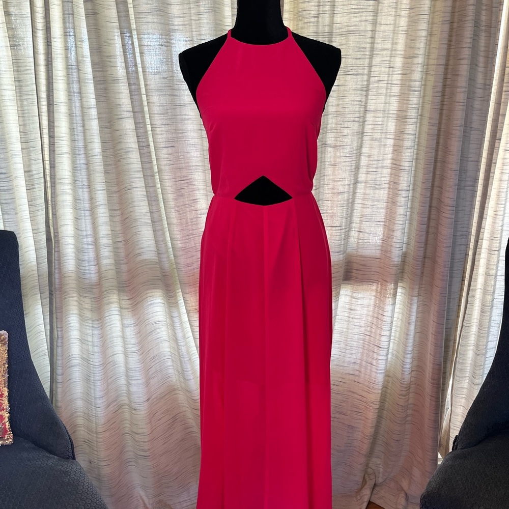 Pink Maxi Backless Sheath Dress with Halter Neckline and Cut Out for Night Out
